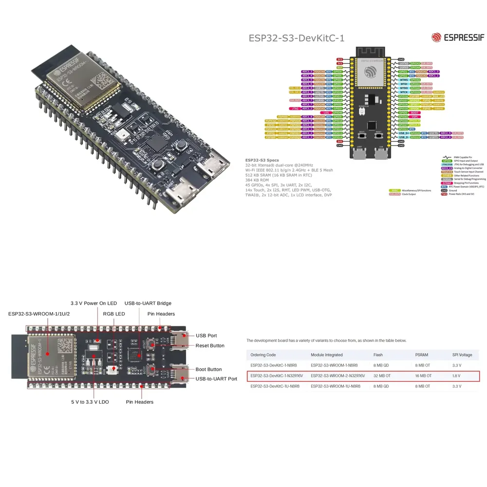 Esp32 Development Board - Espressif ESP32-S3-DevKitC-1 Geliştirme Kartı, ESP32-S3-WROOM-2-N32R16V modülünü
